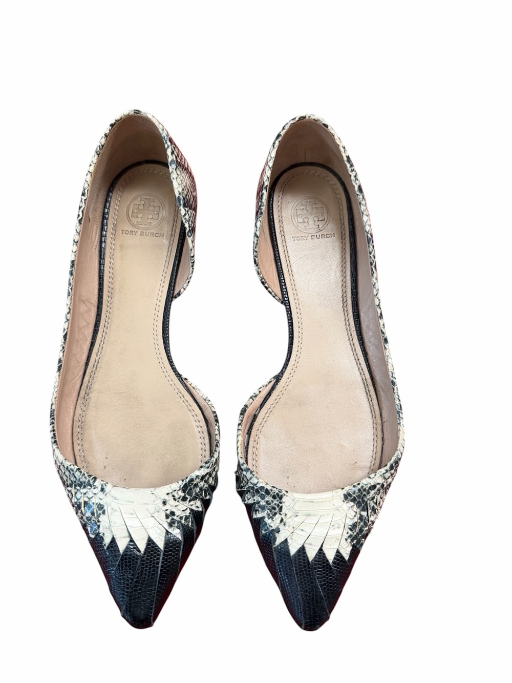 Tory Burch Two-Tone Snake-Print Pointed D'Orsay Flats - Black & White